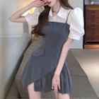 Set: Puff-sleeve Plain Shirt + Button-up Mini Overall Dress