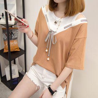 Open Shoulder Panel Elbow-sleeve T-shirt