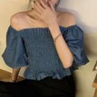 Puff-sleeve Off-shoulder Blouse Blue - One Size