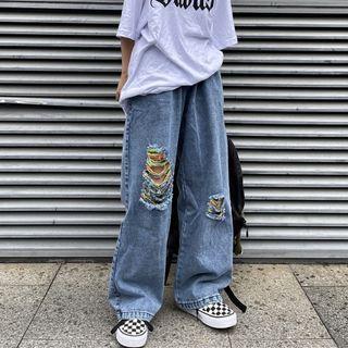 Elastic-waist Wide Leg Distressed Jeans