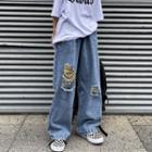Elastic-waist Wide Leg Distressed Jeans