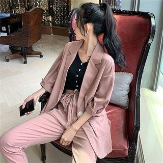 Plain Elbow-sleeve Blazer / Crop Harem Pants
