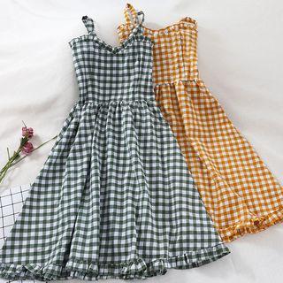Spaghetti Strap Midi Plaid A-line Dress