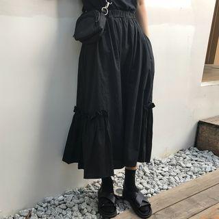 Elastic Waist A-line Midi Skirt Black - One Size