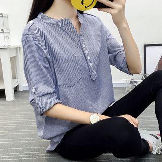 Stand Collar Half Placket Striped Blouse