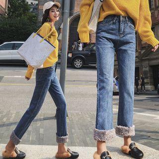 Cropped Faux Shearling Trim Straight Cut Jeans
