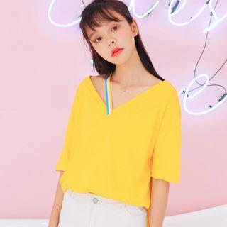 Elbow-sleeve V-neck Strap Top