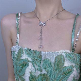 Bow Rhinestone Faux Pearl Pendant Stainless Steel Necklace