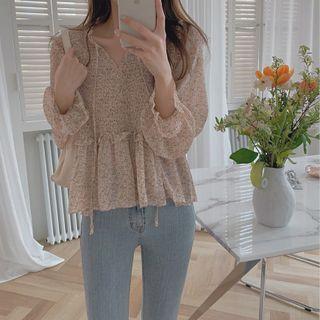 Bell-sleeve Floral Drawstring Ruffle Trim Blouse Pink - One Size