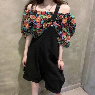 Flower Print Off-shoulder Cropped Top / Plain Jumper Pants / Plain Jumper Shorts