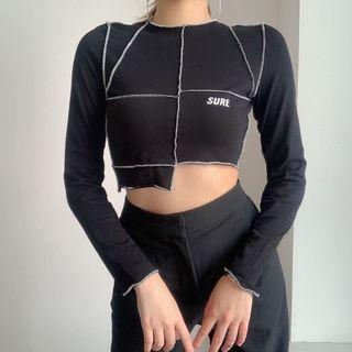 Contrast Stitching Lettering Cropped T-shirt