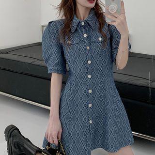Puff-sleeve Argyle Print A-line Denim Dress