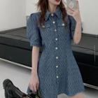 Puff-sleeve Argyle Print A-line Denim Dress