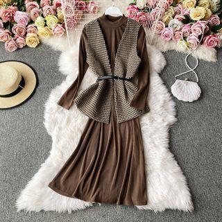 Set:lapel Plain Long-sleeve Dress+v-neck Houndstooth Vest