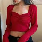 Long-sleeve Plain Knit Top Red - One Size