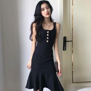 Buttoned Ruffle Hem Sleeveless Dress