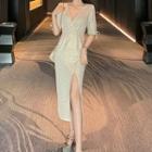 Elbow-sleeve Glitter Front-slit V-neck Midi Dress