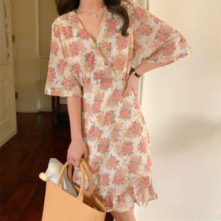Elbow-sleeve Floral Print V-neck Dress