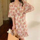 Elbow-sleeve Floral Print V-neck Dress