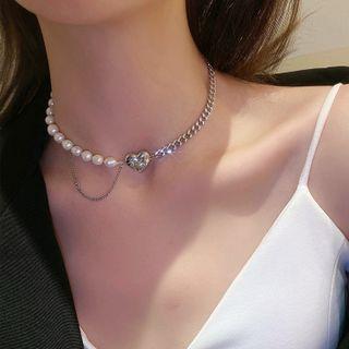 Faux Pearl Chain Strap Choker Silver - One Size