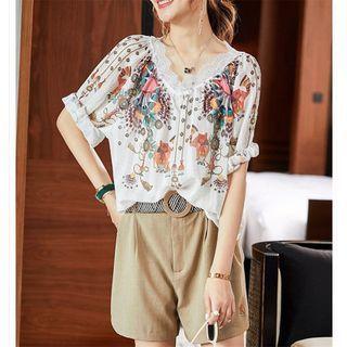 Elbow-sleeve Floral Chiffon V-neck Blouse