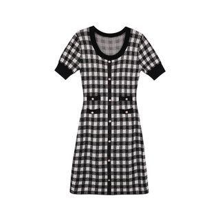 Short Sleeve Check Knit Dress