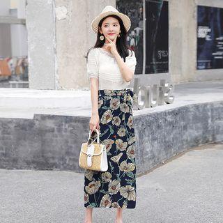 Set: Lace Short Sleeve Blouse + Floral Print Midi Skirt
