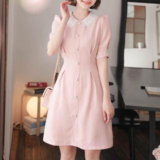 Lace-collar Pleated Button-detail Dress