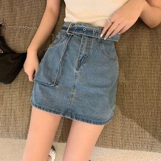 Short-sleeve Ribbed Top / Mini A-line Denim Skort