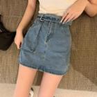 Short-sleeve Ribbed Top / Mini A-line Denim Skort
