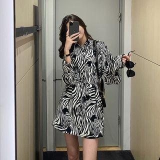 Long-sleeve Zebra Print Shirt / Mini Shirtdress With Belt