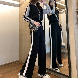 Set: Contrast Trim Hoodie + Wide Leg Pants