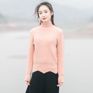 Mock Neck Scalloped Hem Plain Sweater