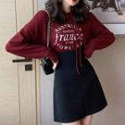 Lettering Hooded Sweater / High Waist A-line Mini Skirt