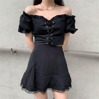 Off-shoulder Lace-up Cropped Top / Lace Hem Mini Skirt