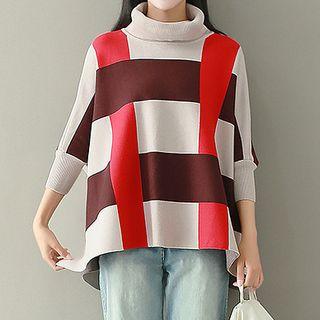 Plaid 3/4-sleeve Turtleneck Sweater