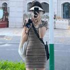 Short-sleeve Striped Polo Bodycon Dress Stripes - Black & Gray - One Size