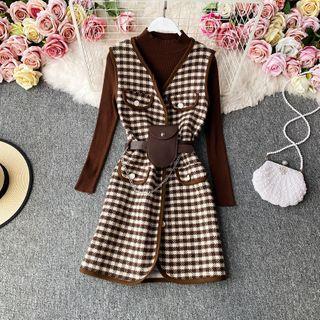 Set: Turtle-neck Plain Knitted Skinny Top+houndstooth Vest Dress