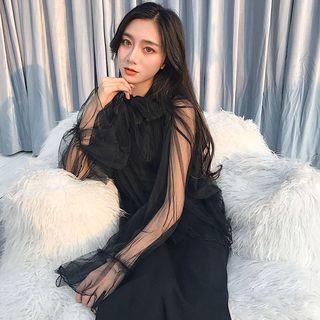 Set: Long-sleeve Tie-neck Mesh Top + Camisole