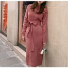 Plain Bow-accent Knit Midi Dress