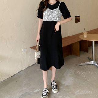 Set: Short-sleeve Plain Midi Dress + Lace Camisole Top