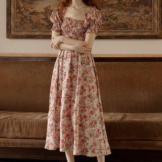 Puff-sleeve Floral Midi A-line Dress Red Flowers - Pink - One Size