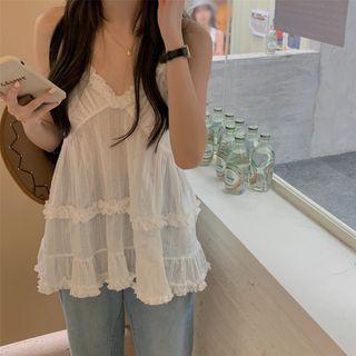 Spaghetti Strap V-neck Ruffled Trim Top White - One Size