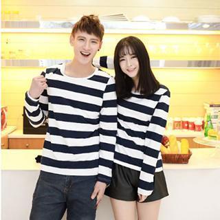 Long-sleeve Striped Couple T-shirt