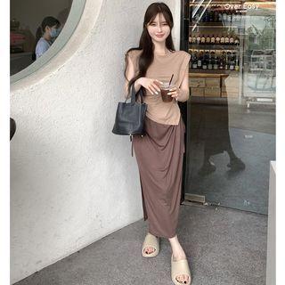 Asymmetrical T-shirt / Side-slit Drawstring Maxi Skirt
