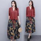 Set: Tie-hem Plain Blouse + Print Midi A-line Skirt