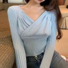 Long-sleeve V-neck Knit Top Light Blue - One Size