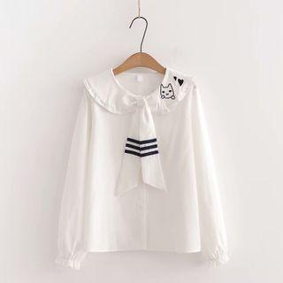 Cat Embroidered Blouse White - One Size