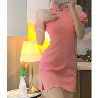Cold-shoulder Bow A-line Dress Pink - One Size