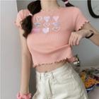 Short-sleeve Heart Embroidered Ribbed Knit Top